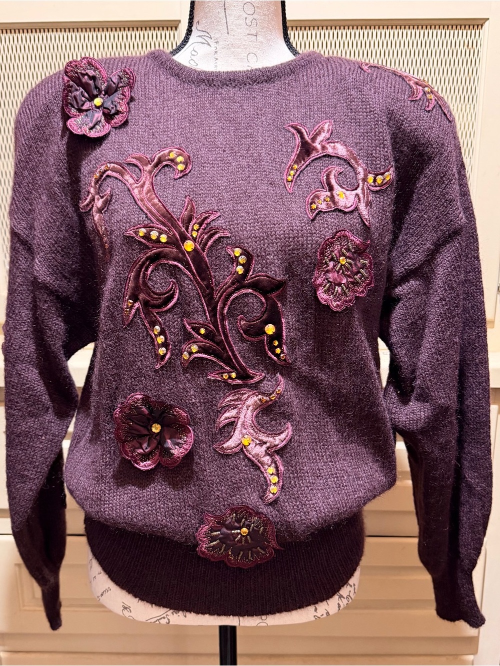 Vintage 80s Escada Mohair Floral Applique Beaded Sweater